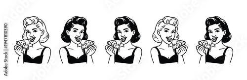 Retro woman eating slice of pizza in vintage comic style isolated on white