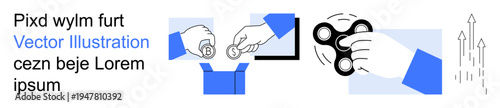 Business strategies, growth, innovation, planning, investment, creative solutions. Hands exchanging coins and using a spinner with upward-trending arrows. Business strategies and growth concepts
