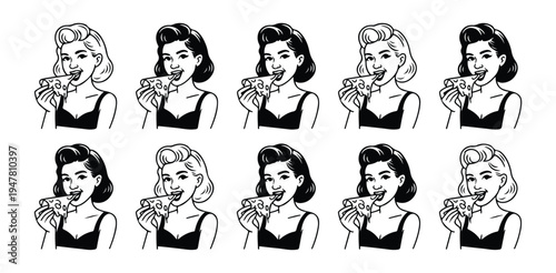 Ten pin up girls with vintage hairstyles enjoying eating pizza slices illustration set