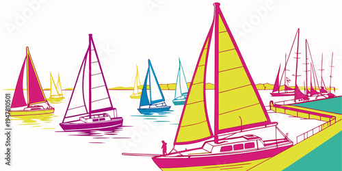 Sailboats with colorful sails on the water Vector
