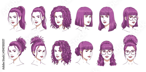 Set of female faces showing diverse purple hair styles and illustrations