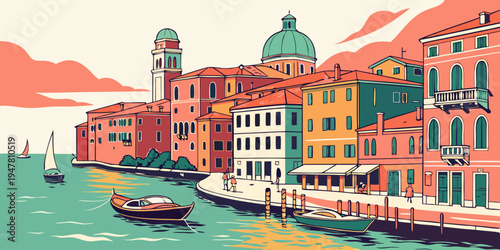A colorful cityscape of venice with boats on the water Vector
