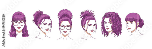 Group of assorted women portraits displaying various purple hairstyles and eyeglasses