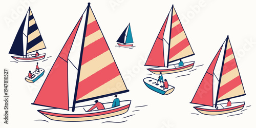 Sailboats with red and yellow striped sails on the water Vector