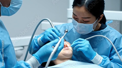 Wallpaper Mural Professional Dental Procedure in Modern Clinic with Dentist and Assistant Treating Patients Teeth Torontodigital.ca