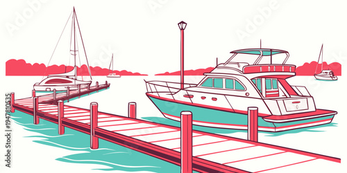 A boat is docked at a pier in the water Vector
