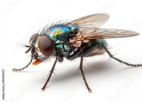 extreme close-up of an iridescent green blowfly showing large compound eyes, translucent wings, spiny legs, mouthparts and fine bristles on a stark white background, evoking clinical curiosity