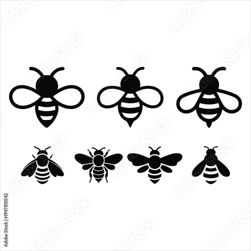 set of black and white cartoon bees