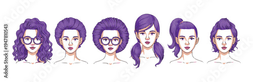 Selection of six purple haired women headshots with curly straight and updo hairstyles