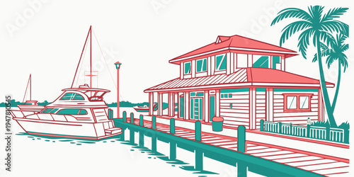 A house with a boat docked beside it Vector