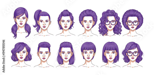 Twelve cartoon female head avatars showcasing purple hair options and diverse haircuts
