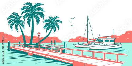 A dock with palm trees and a boat in the water Vector