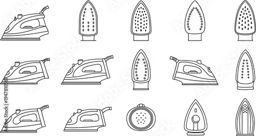 Grid of fifteen electric iron and soleplate illustrations showing different designs and hole patterns for household appliance vector projects