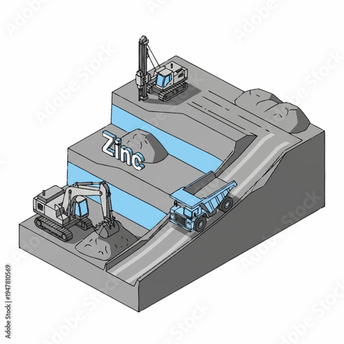 Illustration of zinc mining process with heavy machinery on a stepped landscape.