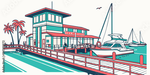 A colorful illustration of a house on the water Vector