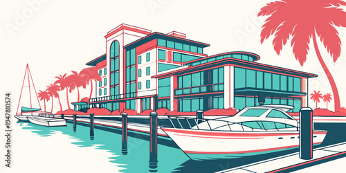A large building with a boat docked in front of it Vector