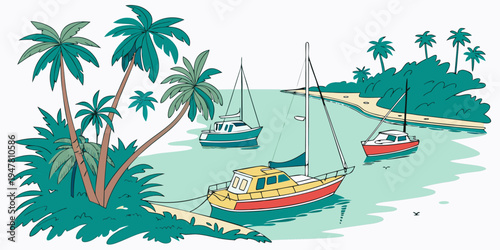 A colorful illustration of boats docked in a tropical bay Vector