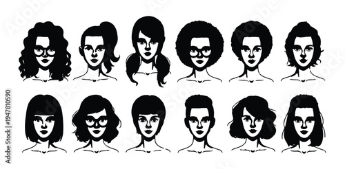 Black and white outline vector set of female hairstyles with various curly and short cuts
