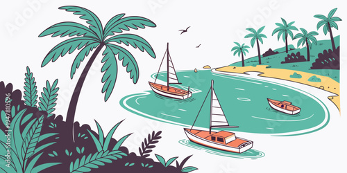 Sailboats floating on a tropical bay Vector