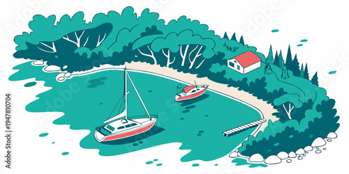A small island with a house and boats Vector