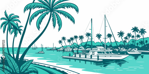 A serene tropical harbor with boats and palm trees Vector