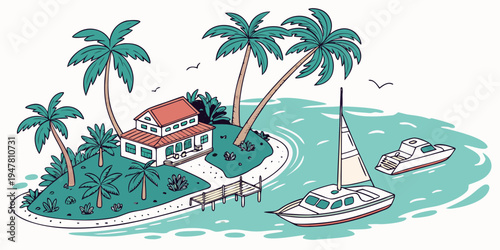 A tropical island with a house and boats Vector