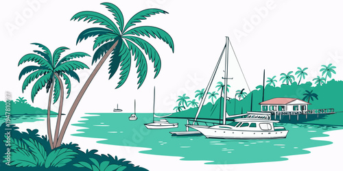 A white sailboat floats on turquoise water near a tropical shore Vector
