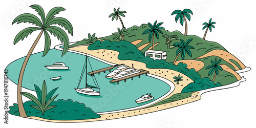 A tropical island with a sandy beach and boats Vector
