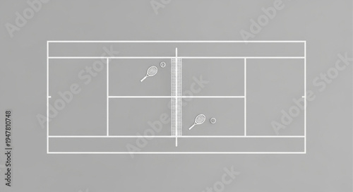 Tennis court illustration with rackets on a gray background.