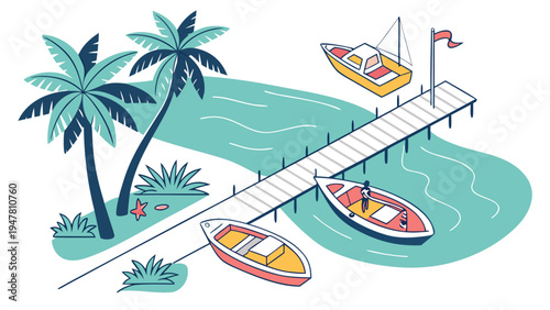 A dock with boats and palm trees on a tropical island Vector