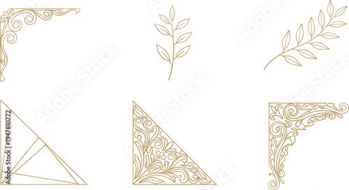 Elegant vintage corner ornaments and botanical leaf elements set with decorative floral borders for luxury frames invitations and ornamental design