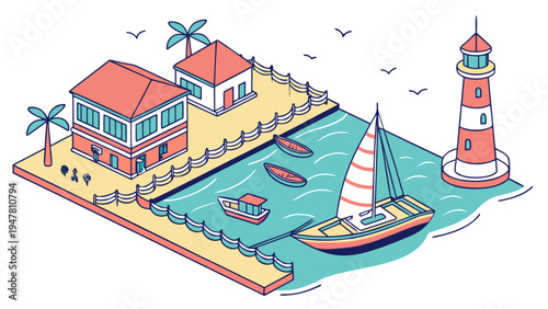 A colorful cartoon illustration of a beachside resort Vector