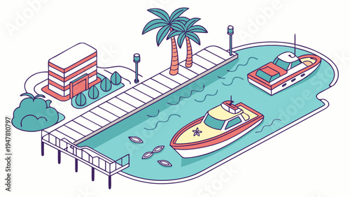 A colorful illustration of a harbor with boats and palm trees Vector