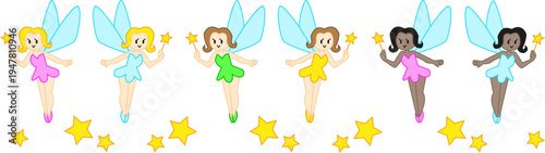 Comprehensive collection of charming fairies featuring a wide range of hair colors, wing designs, and both light and dark skin tones. An excellent choice for representative character design, diverse e