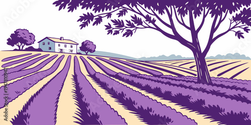 A purple field with trees in the distance Vector