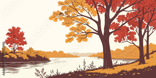A serene landscape with trees and a body of water during autumn Vector
