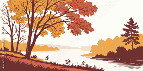 A serene landscape with trees and a body of water Vector
