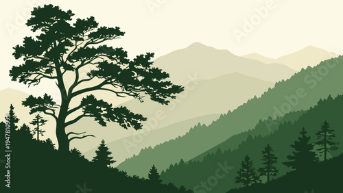 A serene mountain landscape with a tree in the foreground Vector