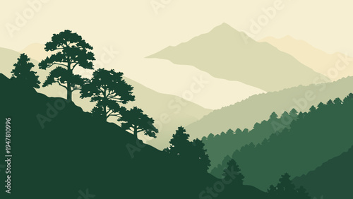 A serene mountain landscape with trees and hills Vector