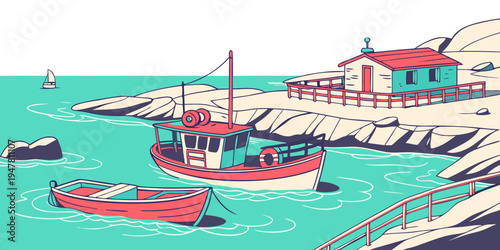 A red and white boat is anchored near a small island with a house Vector