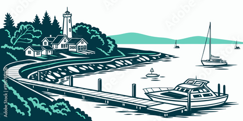 A small coastal town with a harbor and sailboats Vector