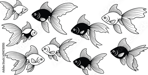 Goldfish Icon Set with Black and White Outlined Illustrations in Various Swimming Poses, Vector Designs for Aquatic and Nature Themes