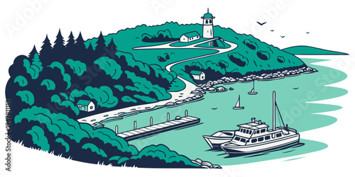 A small island with a lighthouse and a dock Vector