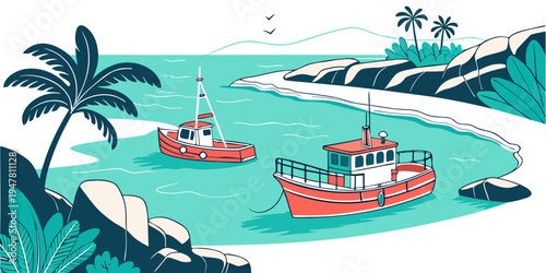 Two red boats floating on a tropical bay Vector