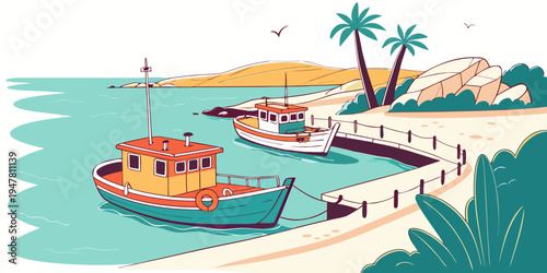 A colorful boat sitting on a beach next to the water Vector