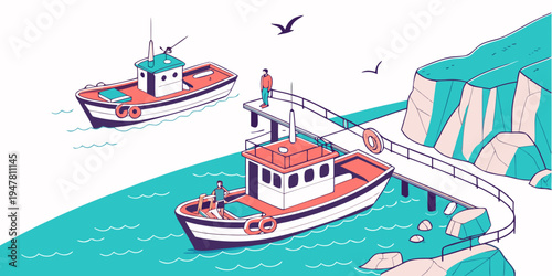 A pixel art illustration of a dock with boats Vector