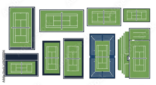 Collection of Tennis Court Illustrations - Top View Designs.