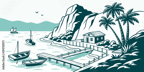 A tropical island with a dock and boats Vector