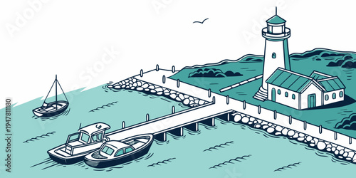 A small lighthouse on a rocky coastline with a pier and boats Vector