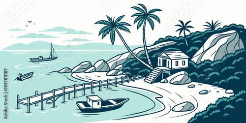 A tropical island with a dock and boats Vector